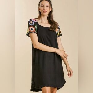 UMGEE Black Midi Dress with Colorful Crochet Sleeves XL